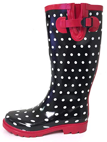SBC Women's Rain Boots Adjustable Buckle Fashion Mid Calf Wellies Rubber Knee High Snow Multiple Styles (7 B(M) US, Black/Red Dots)
