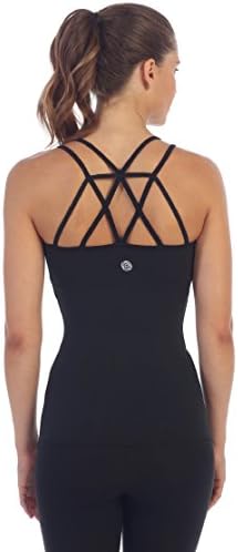 American Fitness Couture Womens Strappy Lattice Back Workout Top Built In Sports Bra, Black XS