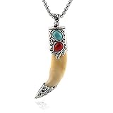 HZMAN Tibetan Real Wolf Teeth Turquoise Pendant Necklace Stainless Steel Chain, Buddhism Prayer