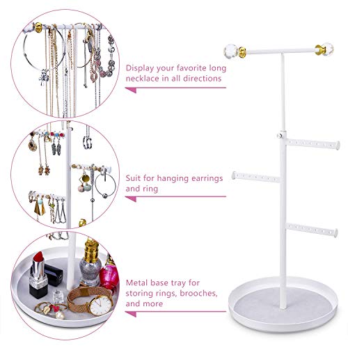 Keebofly Jewelry Tree Stand Organizer - Metal Necklace Organizer Display with Adjustable Height for Necklaces Bracelet Earrings and Ring White