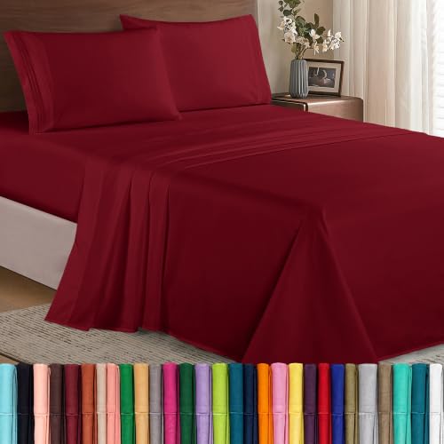 Elegant Comfort 4 Piece 1500 Thread Count Luxurious Ultra Soft Egyptian Quality Coziest Sheet Set, King, Burgundy Red