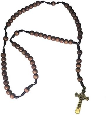 Saint Benedict Rosary Natural Wood Brown Beads Antique Style 18 inch