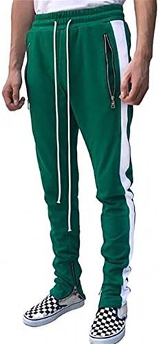 SENSERISE Mens Stretch Hip Hop Ankle Zipper Jogger Pants Side Stripe Track Pants(Green/White,M)
