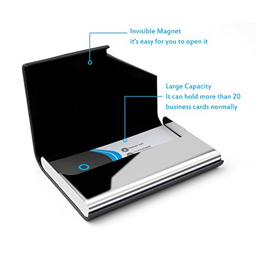Business Card Holder Organizer, AHGXG Professional Slim Name Card Case Credit Card ID Holder PU Leather&Stainless Steel Metal Wallets with Magnet Shuts For Men&Women, Keep 20 Business Cards, Black - Thumbnail 2