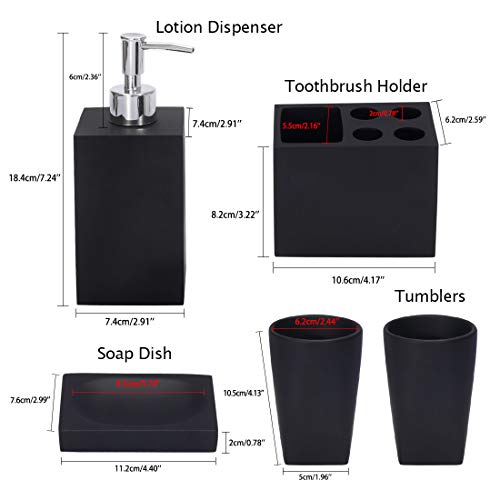 Bathroom Accessories Set, 5 Piece Resin Bathroom Sink Set, Toothbrush Holder, Liquid Soap Dispenser, Soap Dish, 2 Tumblers, Black