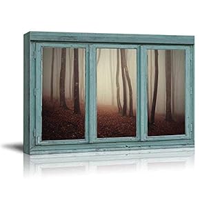 Vintage Teal Window Looking Out Into a Foggy Sepia Forest