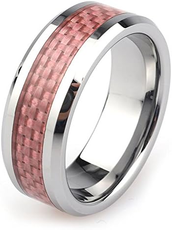 8mm Tungsten Carbide Wedding Band Engagement Ring Men Women-Pink Carbon Fiber-Polished Edges-Smooth Round Interior Comfort Fit