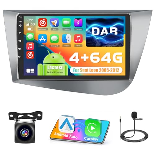 Inefala 4+64G Radio for Seat Leon 2005-2012 Android 15 with Wireless Carplay and Android Auto, 9'' Touch Screen Stereo Radio with Dab Bluetooth 59UI HiFi GPS FM/RDS SWC AHD Reverse Camera