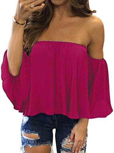 Sanifer Women Sexy Off The Shoulder Tops Summer Chiffon Blouses Crop Tops for Ladies Teens Juniors (Medium, Rose)