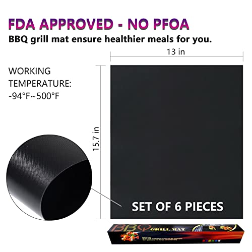 Yu luo Grill Mats 100% Non-Stick BBQ Mat for Grilling, Grill Mat for Outdoor Cooking Reusable and Easy to Clean for Gas, Charcoal, Electric BBQ Grill 15.7x13, Set of 5 Pieces (Black)