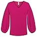 BELONGSCI Women's Casual Sweet & Cute Loose Shirt Balloon Sleeve V-Neck Blouse Top Rose Red