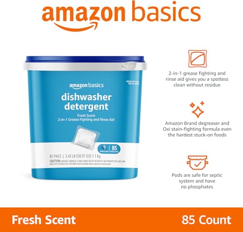 AMAZON BASICS DISHWASHER DETERGENT PACS, FRESH SCENT, CUTS GREASE, RINSES CLEAN, REMOVES 24HR DRIED-ON STAINS, 85 COUNT (PREVIOUSLY SOLIMO)