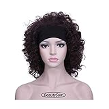 BeautySum Curly Synthetic Wigs for Black Women with Bangs Dark Brown Color African American Women - Natural Looking Short Hair Heat Resistant Natural 3/4 Half Wigs with Headband