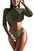 Meyeeka Mesh Long Sleeve Rash Guard Swimsuits 3 Pcs Bikini Swimwear for Women L Army Green