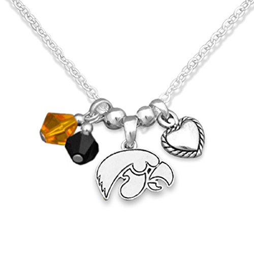 Silver Tone Necklace Featuring Team Color Beads, Heart and Iowa Hawkeyes Logo Charm