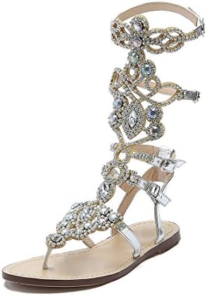 Eslite will Women's Mid Calf Rhinestone Gladiator Sandals Plus Size Available Two Colors Selectable
