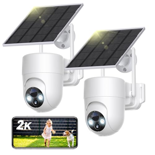 SEHMUA 2K Outdoor WiFi Camera Wireless, 360° Solar PTZ Security Camera Outdoor with Built-in Rechargeable Battery, 2.4 GHz Wi-Fi, Color Night Vision, PIR Motion Detection, Two-Way Audio, 2 Pack