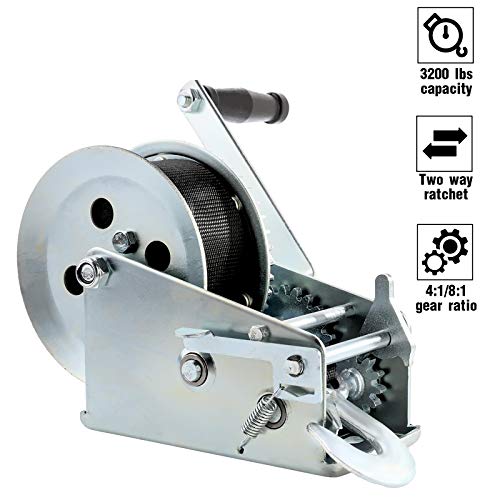 AUXMART 3200lbs Boat Trailer Winch Heavy Duty Hand Winch with 26FT Strap and Hook, 2 Ways Hand Cable Crank Winch for ATV, Boat, Truck, Trailer - Image 3