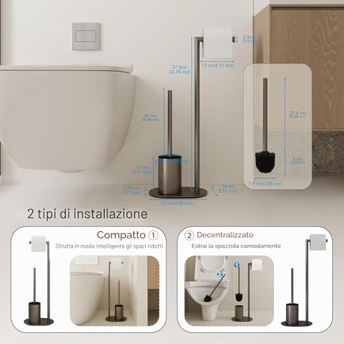 BVL Toilet Roll Holder and Toilet Brush Grey Toilet Brush with Stainless Steel Toilet Paper Holder, Toilet Paper Holder from the Floor Toilet Brush Bathroom Toilet