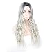 Silver Gray Ombre wigs Dark Roots Long Curly Synthetic Hair for Women Party Cosplay Accessories (Silver Gray)