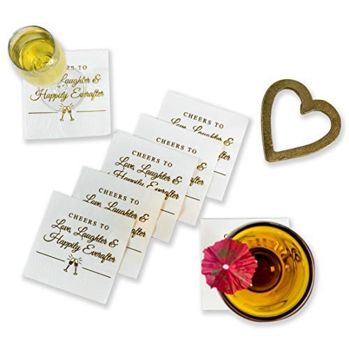 Napkins for Weddings, Rehearsal Dinners, More -"Cheers to Love, Laughter & Happily Ever After" Gold Lettered White Cocktail Napkins, 4.9 sq. in. Fancy Beverage Napkins & Decór by Bollepo (50)