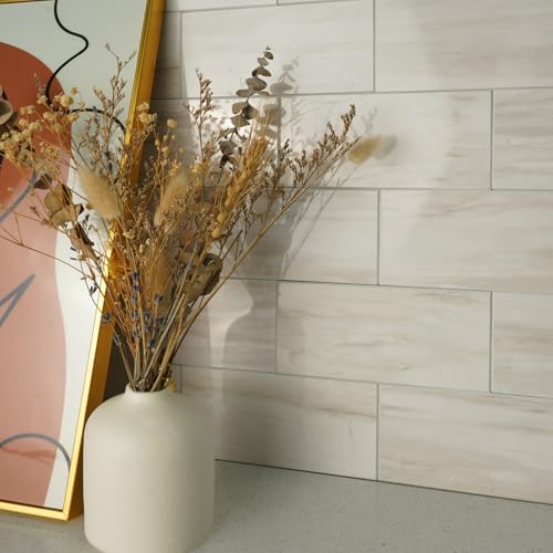 Vamos Tile 100-Piece Glossy Wooden White Peel and Stick Backsplash Tile,3''x6'' PVC Subway Tile with White Grout, Stick on Backsplash for Kitchen/Bathroom/Fireplace