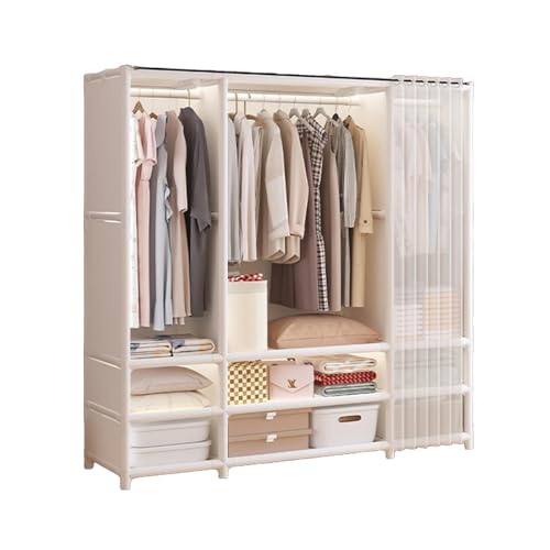 Portable Closet,Portable Closets for Hanging Clothes,Japanese Style Wardrobe with 3 Hanging Rods,9 Storage Shelves,56.2" L x 17.7" W x 65.1" H, (White)