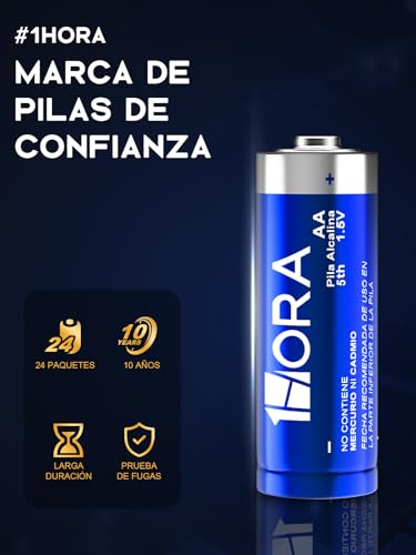 1 Hora Pilas AA Alcalinas 1.5V LR6, Paquete con 24 Baterías Desechables de Larga Duración, para Mandos, Relojes, Linternas y Dispositivos del Hogar