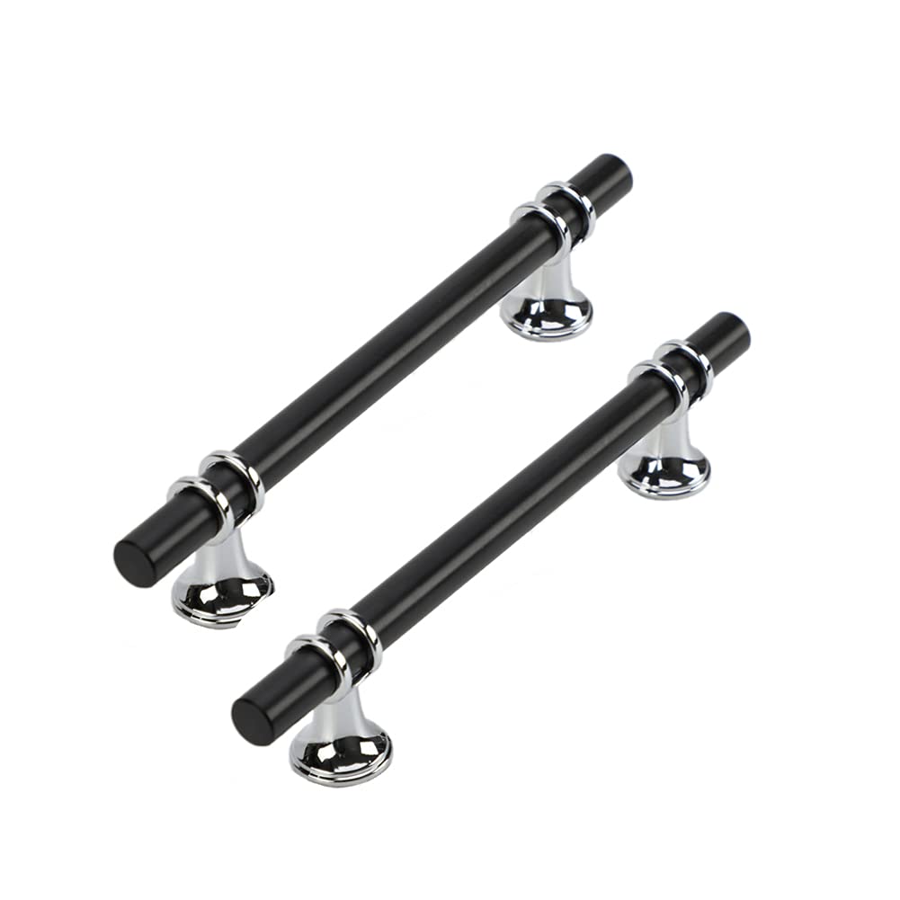 Dreneco 2 Pack Cupboard Handles Zinc Alloy Kitchen T Bar Handle Drawer Wardrobe Cabinet Furniture Door Pulls Knobs (128mm Hole centres, Black+Chrome)