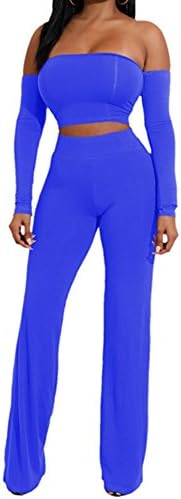 AVINE Womens Sexy High Waist Wide Leg Two Pieces Jumpsuit Bandeau Top Flared Trousers Pants (X-Large, Blue)