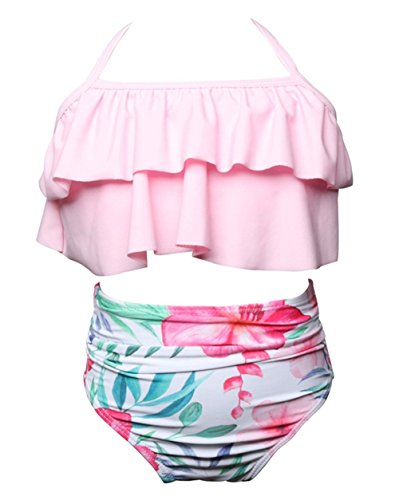 KABETY Girls Swimsuit Two Pieces Bikini Set Ruffle Falbala Swimwear Bathing Suits (Pink, 9-10 Years)