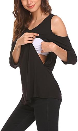 Thinkwell Pregnancy Modal 3/4 Sleeve Cold Shoulder Nursing Plus Size Tops Blouse Black Black Medium