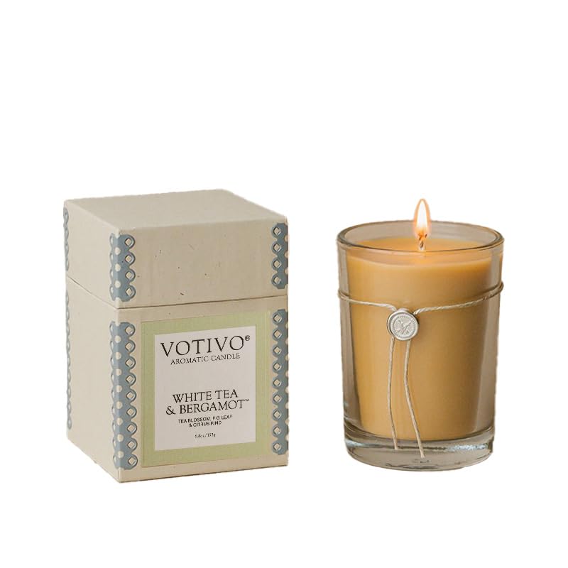 Votivo White Tea & Bergamot 6.8 oz Aromatic Candle | Soy Wax Blend | Luxury Glass Jar Scented Candle & Box | Candles Gifts | Long Burning & Highly Scented