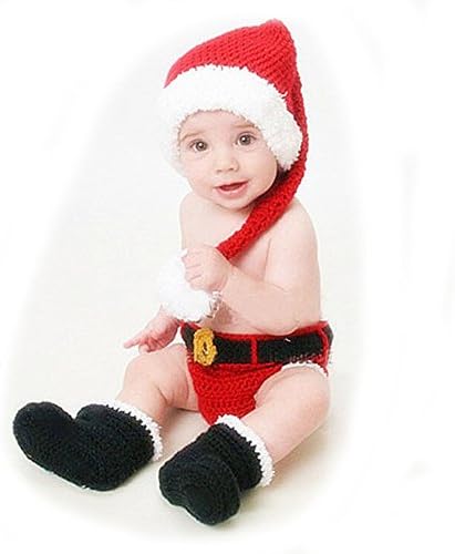 ORIGINAL DESIRE Baby Newborn Photography Props Baby Handmade Crochet Knitted Santa Claus Outfit Costume Christmas Cap Hat and Suspender Trousers Set Baby Photo Props Christmas