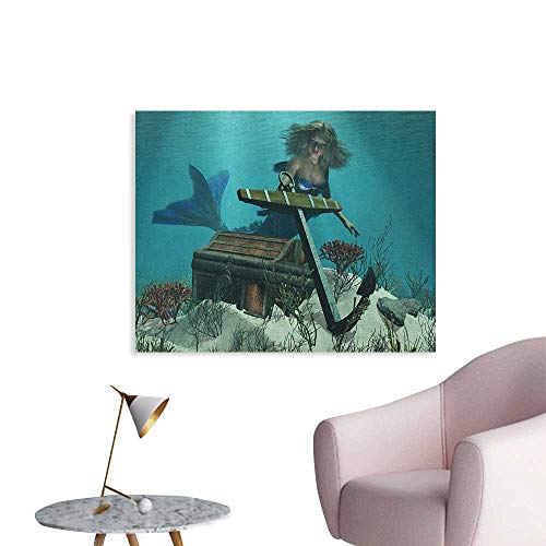 Anzhutwelve Mermaid Photographic Wallpaper Mermaid in Ocean Sea Discovering Pirates Treasure Chest Mythical Art Print Space Poster Azure Brown Cream W32 xL24