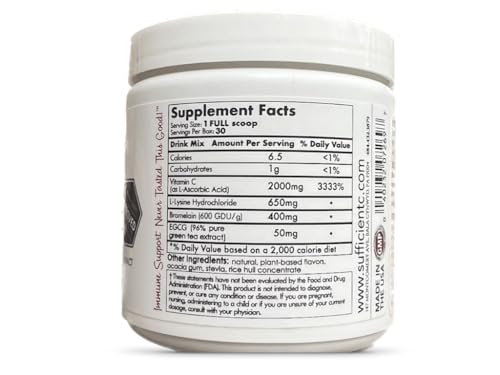 Sufficient-C High Dose Non-GMO Vitamin C Lemon Peach Immune-Ade Drink Mix, Convenient 125 Gram Size w/L-lysine, Bromelain & a Premium 96% Pure Green Tea Extract - Stomach Friendly, Adrenal Supportive