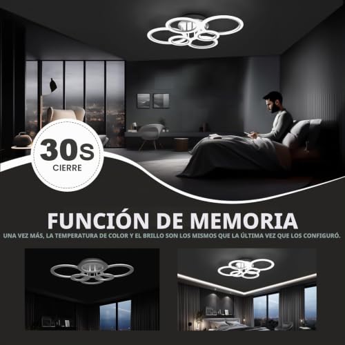 RUYI 72W Living Room Ceiling Lamp, 6 Rings Modern LED Ceiling Light with Remote, 6400LM | 2800-7000K, brillo 5-100% ajustable, memoria ligera, CRI 90+, para salón/dormitorio/cocina/sala de estar/pasillo/comedor