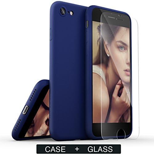 [2 in 1] iPhone 7 Case with Tempered Glass Screen Protector, Moduro [MINIMALIST SERIES] Full Coverage Ultra Thin [1.0mm] Slim Fit TPU Case for iPhone 7 [Eco Packaging] [Matte Navy Blue]