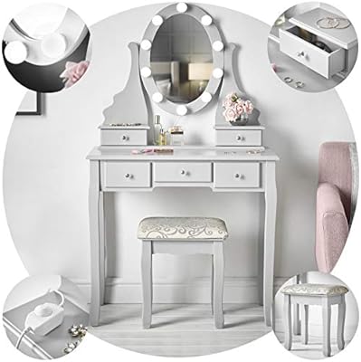 Ruby Rozanna Grey Dressing Table With Hollywood Bulbs Led Lights