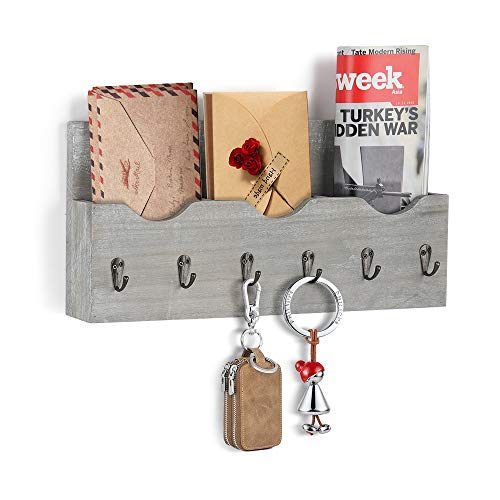 Wood Wall Mounted Mail Hanger Rustic Mail Sorter Wall Shelf with 3 Storage Compartments Entryway Organizer with 6 Key Hooks for Home Office