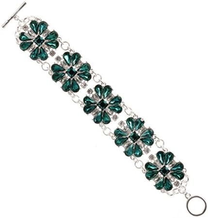 CONIFERA Toggle Bracelet with Green and Crystal Glass Stone Snowflake Stations Jewelry for Women Girls Silver Plated
