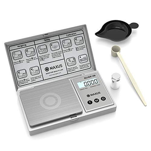 MAXUS Digital Reloading Scale 1500 Grains by 0.1gn Includes Calibration Weight, Powder Tray and