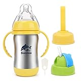 Bammax Baby Sippy Cup, 3 in 1 Multi-Function Baby Kids Water Cup, Stainless Steel Non-Toxic Non-Spill Infant Bottle with Silicone Straw, Heat Preservation