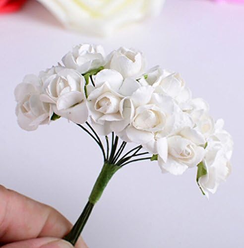 144pc Stems Mini Rose Paper Flower Creative Mini Rose Bulk Paper Flowers Wedding Handicrafts (White)