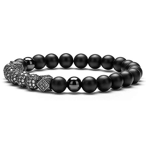 SEVENSTONE 2PCS Black Matte Onyx Prayer Beads Bracelet for Men Women Elastic Natural Stone Black 8MM