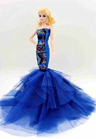 [Fit Barbie Doll] Cora Gu Handmade Patchwork Blue Sequin Princess Mermaid Gown/Sequins Dress/For Barbie Doll/Silkstone Girl's Present（Dolls not included)
