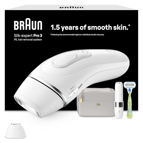 Braun Silk-expert Pro 3 Epilatore LUCE PULSATA, Alternativa al laser, Ideale per Zone Sensibili, Viso, Bikini e Ascelle, MicroHair Remover, 2 Testine, 1 Rasoio, Idea Regalo, PL3139 Bianco/Argento