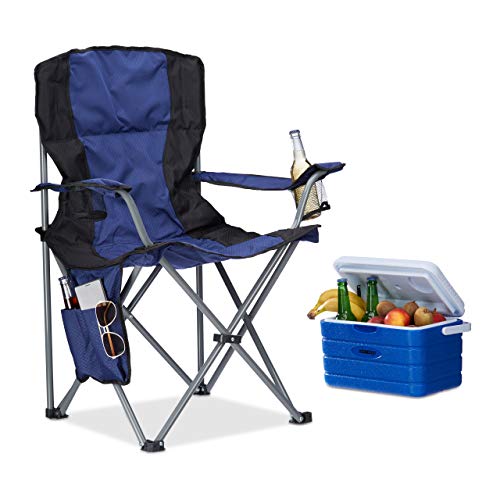Relaxdays Campingstuhl faltbar, mit Getränkehalter, mit Rückenlehne und Armlehne, HxBxT: 93x77x52 cm, blau-schwarz