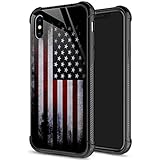 ZHEGAILIAN iPhone Xs Max Case, Red Old American Flag iPhone Xs Max Cases for Man, 9H Tempered Glass Back+Soft Silicone TPU Shock Protective Case for Apple iPhone Xs MAX 6.5-inch Old Flag