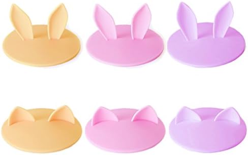 Cherry Pink Silicone Cup Lids Mug Cover, Soft Rabbit Cat Ear Drink Cup Bowl Cap, Cute Kids Gift Home Decor, Set of 6 (Yellow+Pink+Purple)